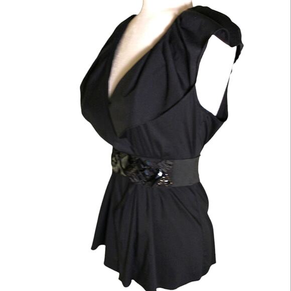 BCBGMAXAZRIA Top Women's Size S Black Sleeveless Ruffle Collar Belted - Picture 2 of 11